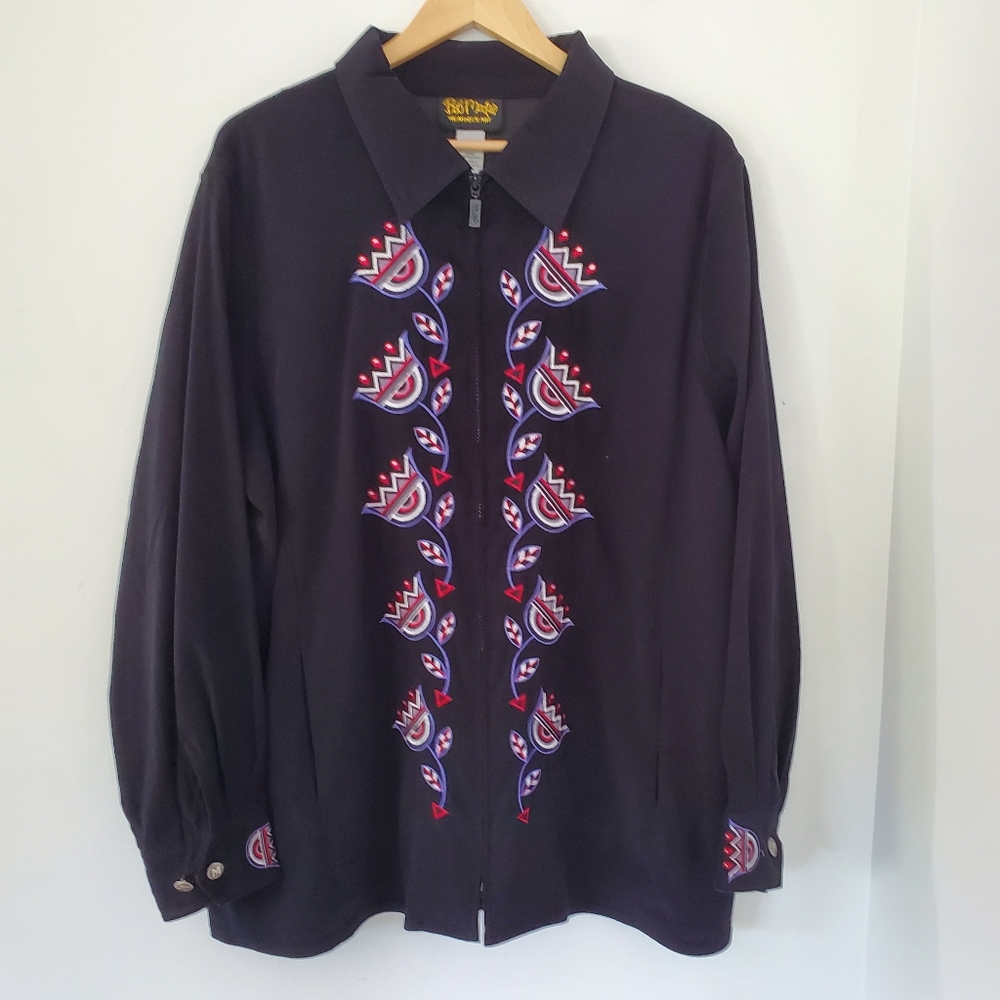 BOB MACKIE 1X Wearable Art Black Velvety Soft Full Zip Jacket Floral Hong Kong